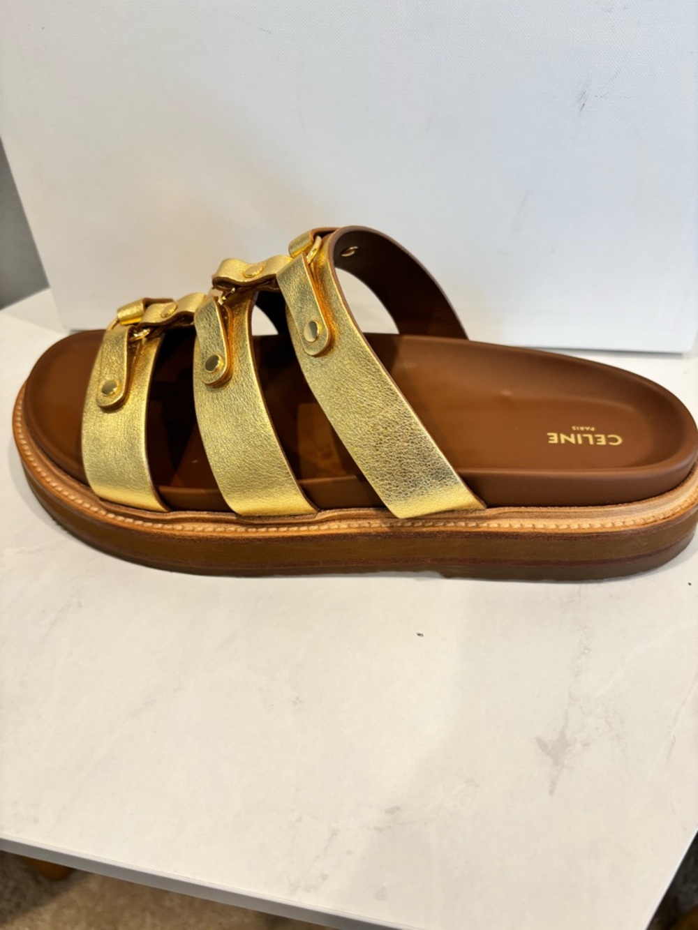 Celine Triomphe Mule 30 Metallic Gold Leather Triple-Strap Slides - Picture 8 of 14